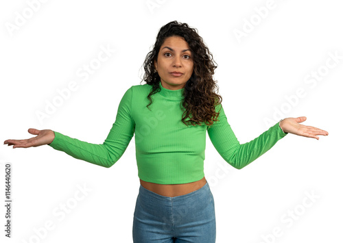 Young woman shrugging with open palms showing indifference photo