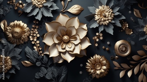 Elegant 3D Floral Mural Illustration with Golden Accents on a Dark Background Featuring Various Flowers and Decorative Elements