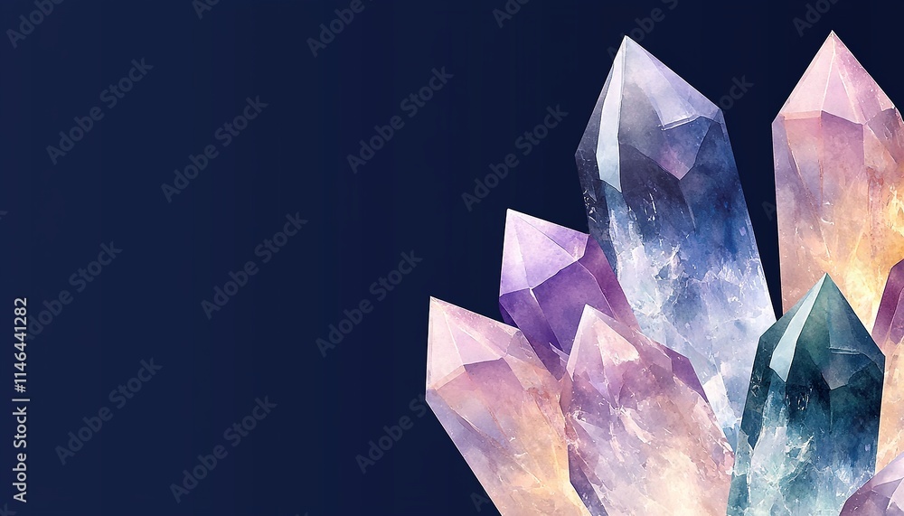 Radiant crystals reflecting light, deep navy background, essential wellness concept Radiant crystals reflecting light, deep navy background, essential wellness concept