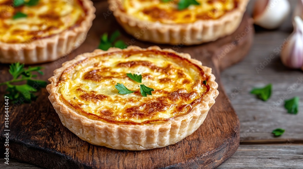 Golden Crust Quiche Savory Tartlets on Rustic Wood Golden Crust Quiche Savory Tartlets on Rustic Wood