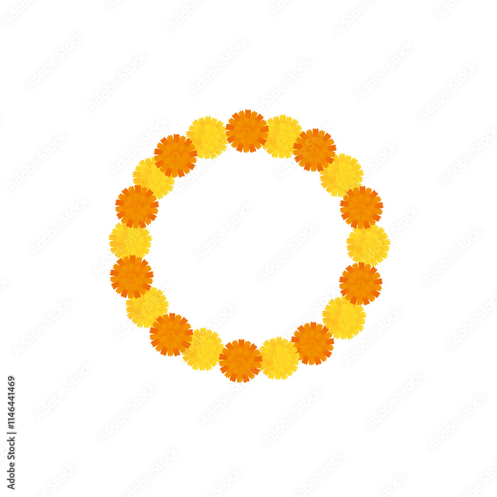 Traditional Indian flower garland round frame with marigold flowers. Decoration for Indian Hindu holidays, isolated on transparent background, png image 