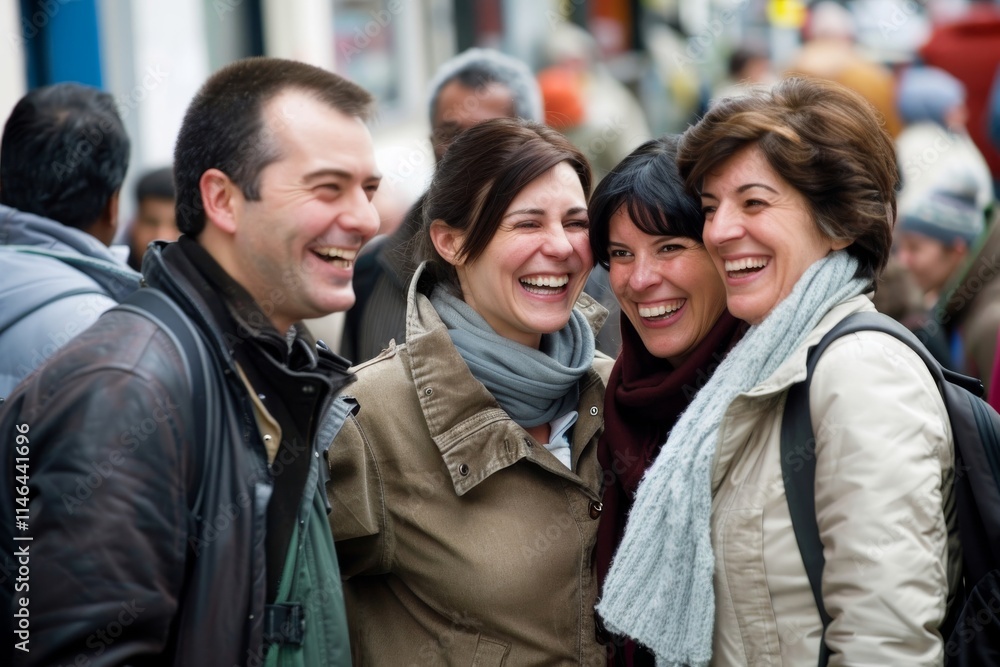 Portrait of smiling women and men walking on the street in the city Portrait of smiling women and men walking on the street in the city