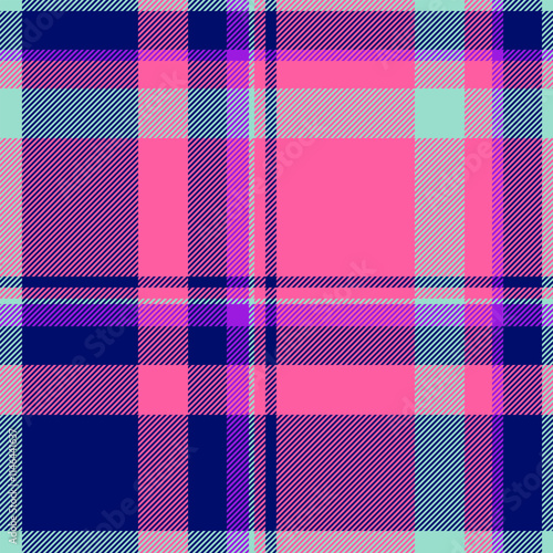 Beautiful seamless fabric tartan, tradition texture plaid pattern. Fuzzy textile background check vector in pink and blue colors.