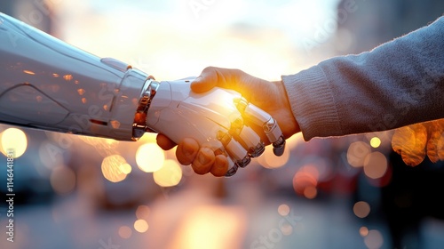 Robot and Human Handshake Symbolizing Future Collaboration and Unity