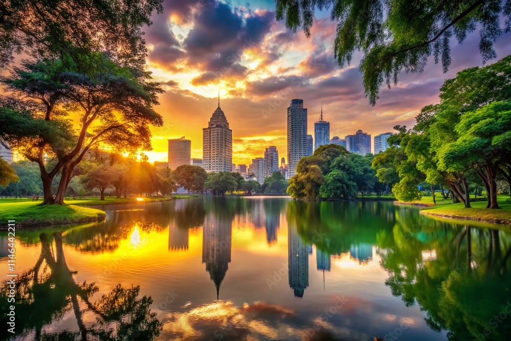 Fototapeta premium Bangkok Skyline Double Exposure: Lumphini Park & GPF Witthayu Towers