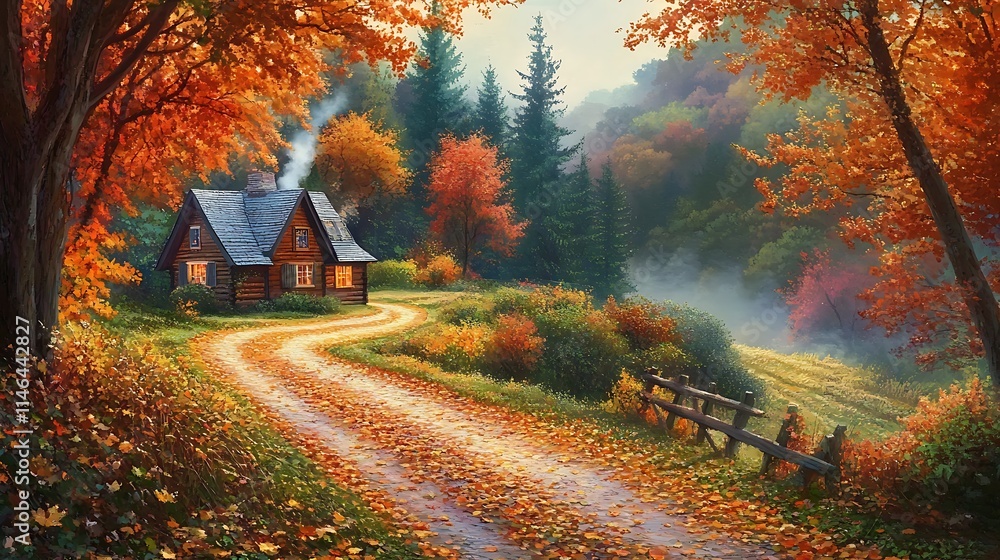 A Cabin Nestled in a Forested Valley with an Autumnal Path A Cabin Nestled in a Forested Valley with an Autumnal Path