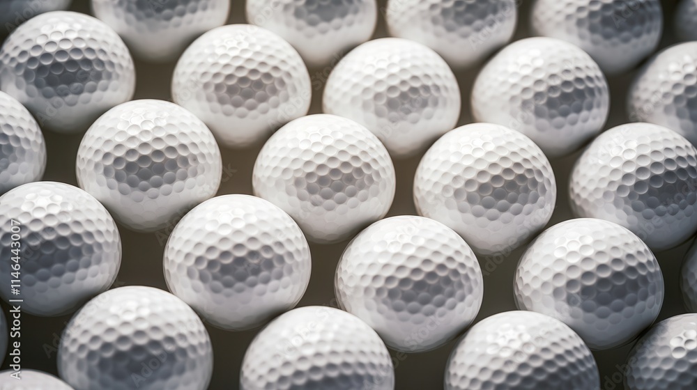 Variety of textured golf balls neatly arranged on a flat surface, highlighting their geometric patterns and surfaces under soft lighting Variety of textured golf balls neatly arranged on a flat surface, highlighting their geometric patterns and surfaces under soft lighting