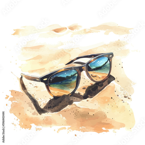 A watercolor drawing of a pair of sunglasses resting on sand, isolated on a white background. Sunglasses sand vector.
