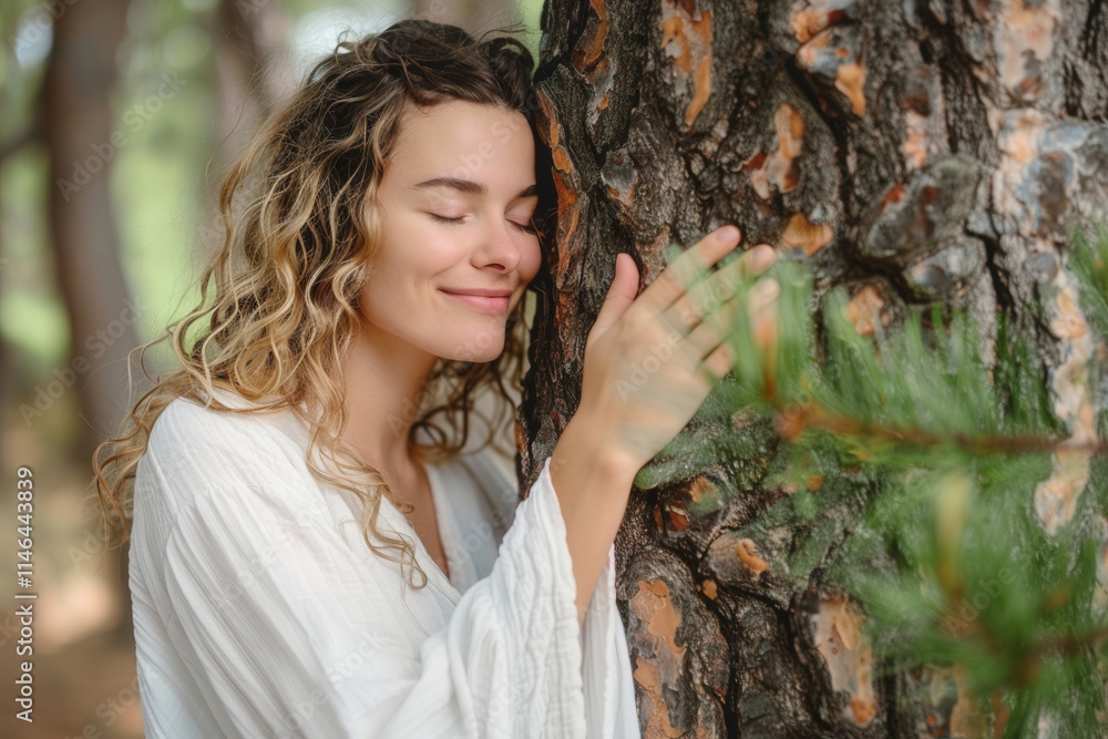 Woman embraces a tree in a serene forest, connecting with nature on a warm afternoon Woman embraces a tree in a serene forest, connecting with nature on a warm afternoon