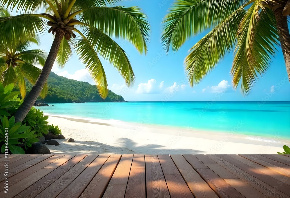 Wooden deck overlooking a tropical beach with palm trees and a turquoise ocean in the background Wooden deck overlooking a tropical beach with palm trees and a turquoise ocean in the background