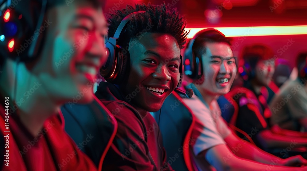 Happy diverse gamers playing video games in a brightly lit esports arena. Happy diverse gamers playing video games in a brightly lit esports arena.