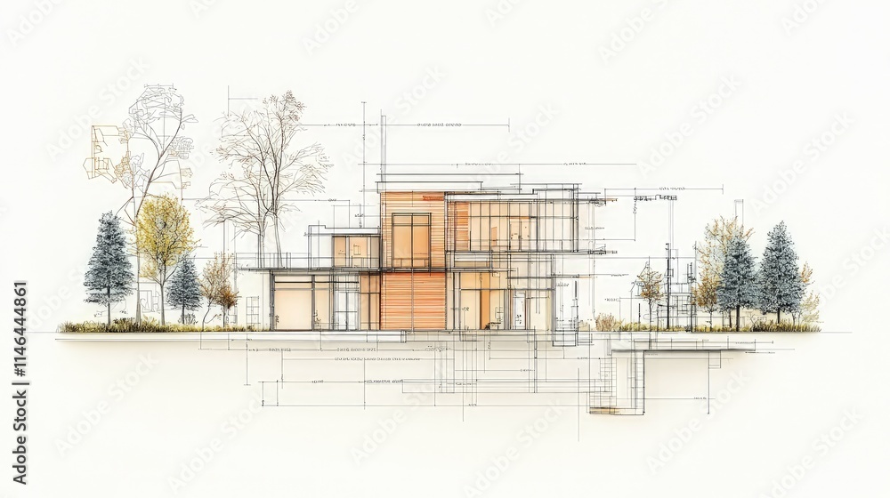 Architectural sketch of modern house design. Architectural sketch of modern house design.