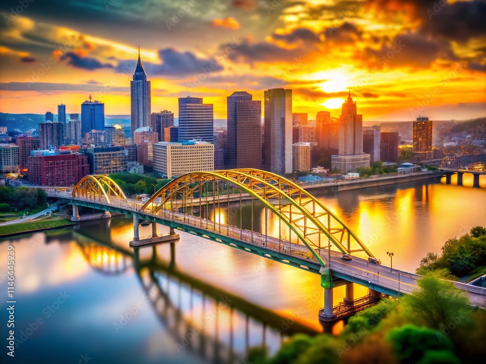 Obraz premium Birmingham Bridge Pittsburgh Sunset Tilt-Shift Miniature Photography - Cityscape Panorama