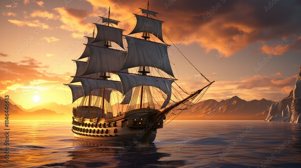 Fototapeta premium Stunning Ultra Realistic Sailing Ship Against a Dramatic Sunset Background Featuring Vibrant Colors and Majestic Mountain Range