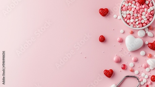 Pink background with Valentine's Day sprinkles, candies, and baking tools.