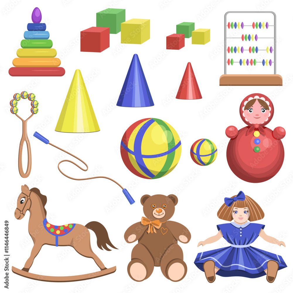 Obraz premium A collection of children's toys pyramid,cubes,abacus,skipping rope,bear,doll,rocking horse,balls isolated on a white background.Vector set for children's textiles,postcards.