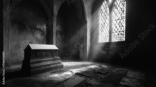 Light streams through stained glass in a dimly lit chapel showcasing an ancient tomb on its stone floor. Generative AI photo