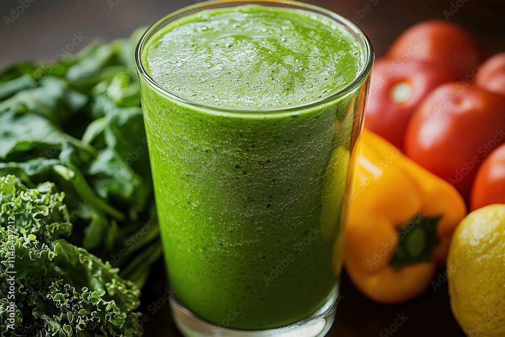 Fresh green smoothie prepared with kale, spinach, and vibrant vegetables on the countertop, beautifully presented with ripe tomatoes and bell peppers during daylight Fresh green smoothie prepared with kale, spinach, and vibrant vegetables on the countertop, beautifully presented with ripe tomatoes and bell peppers during daylight