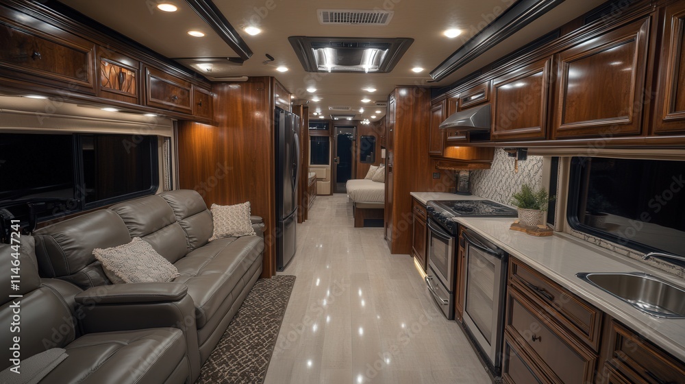 Luxurious interior of a modern recreational vehicle showcasing cozy living space and sleek design. Generative AI Luxurious interior of a modern recreational vehicle showcasing cozy living space and sleek design. Generative AI