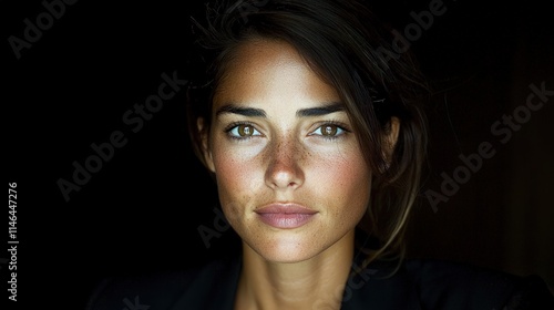 Close-up portrait of a woman with hazel eyes and freckles, looking directly at the camera against a dark background.