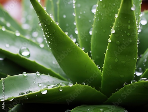 Close-up view of a healthy aloe vera plant with water droplets glistening on its leaves after a refreshing rain in a lush garden