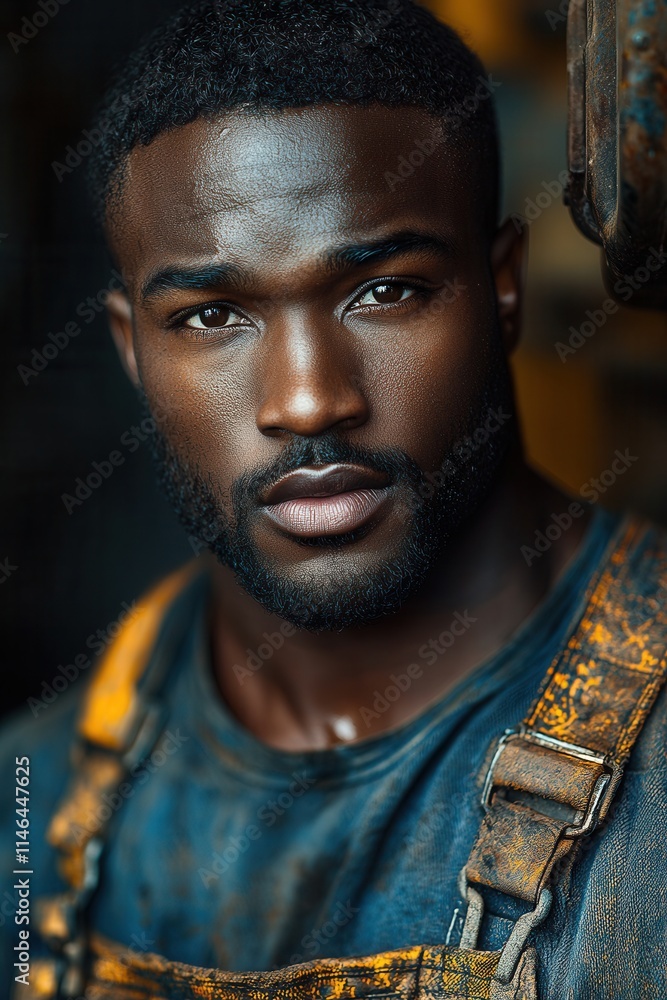 Strong man in worn work clothes poses confidently in an industrial setting with tools and equipment in the background during bright daytime Strong man in worn work clothes poses confidently in an industrial setting with tools and equipment in the background during bright daytime