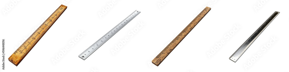Four distinct straight rulers in varying colors and materials are displayed, showcasing their lengths and designs. Four distinct straight rulers in varying colors and materials are displayed, showcasing their lengths and designs.