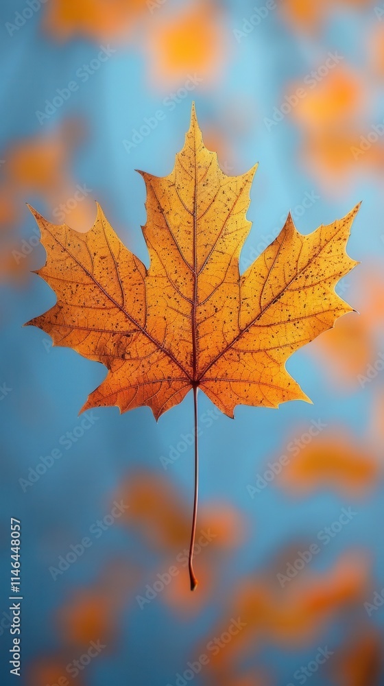 Bright orange maple leaf isolated against a soft blue background featuring blurred autumn foliage in vibrant colors Bright orange maple leaf isolated against a soft blue background featuring blurred autumn foliage in vibrant colors