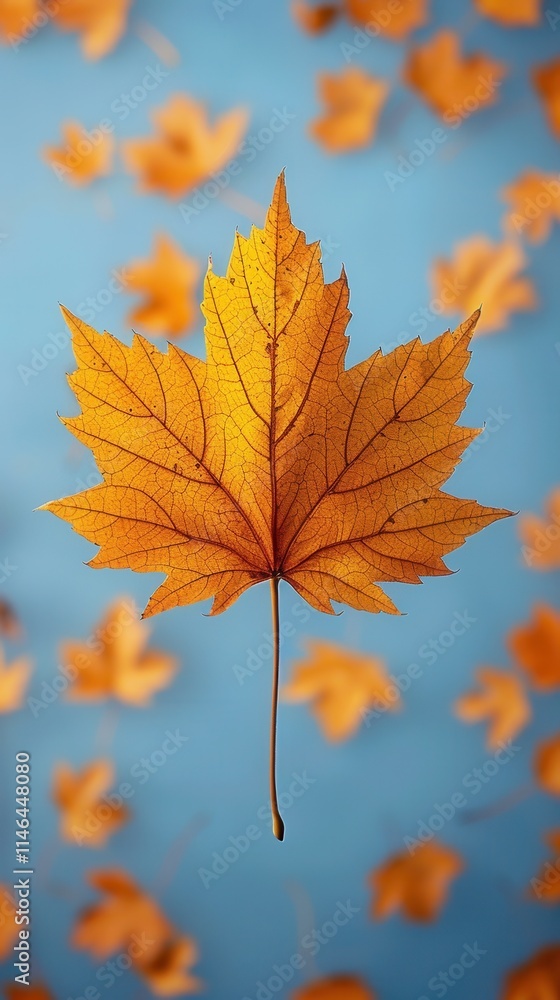Vibrant orange maple leaf floating amidst a backdrop of scattered autumn leaves on a bright blue background in early fall Vibrant orange maple leaf floating amidst a backdrop of scattered autumn leaves on a bright blue background in early fall