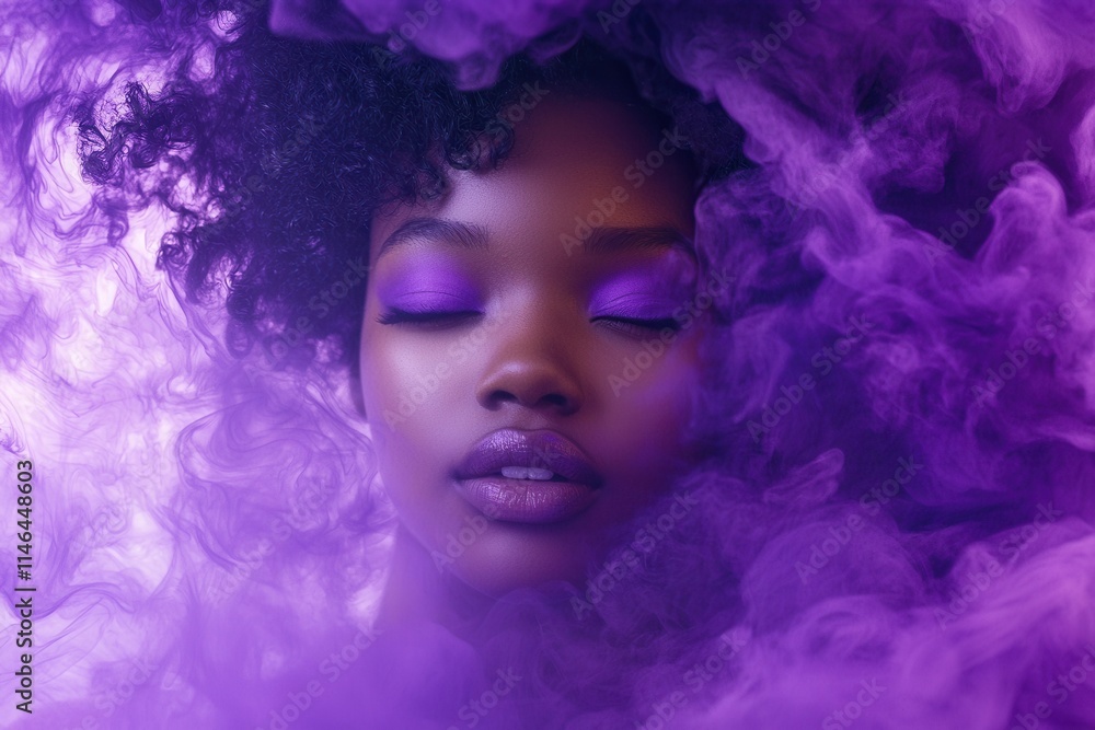 Model with flowing purple smoke and vibrant makeup artfully creates a dreamy atmosphere in a stylish studio setting Model with flowing purple smoke and vibrant makeup artfully creates a dreamy atmosphere in a stylish studio setting