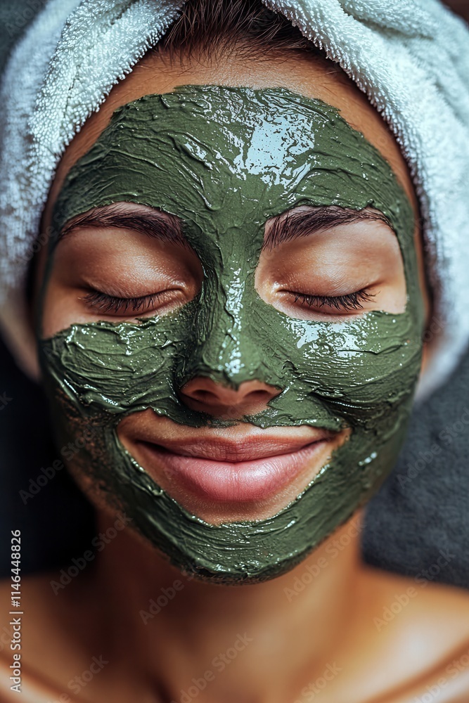 Woman enjoying a relaxing face mask treatment with a green clay mask while lying on a spa table in a tranquil indoor setting Woman enjoying a relaxing face mask treatment with a green clay mask while lying on a spa table in a tranquil indoor setting