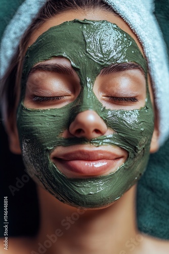 Relaxation and rejuvenation during a spa treatment with a green facial mask applied in a tranquil setting