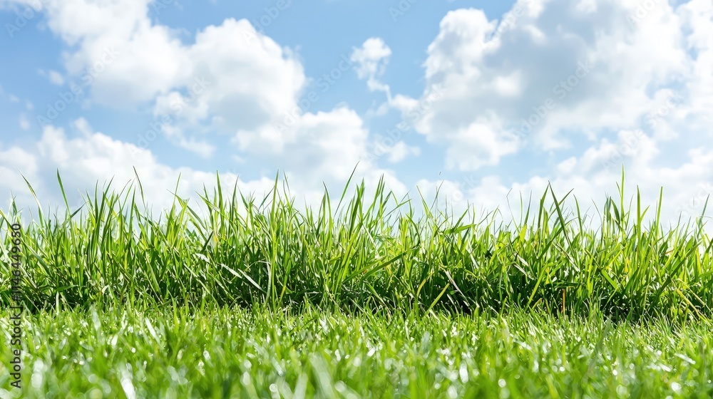 Fototapeta premium Lush green grass blades grow towards a bright blue sky filled with fluffy white clouds on a sunny day.