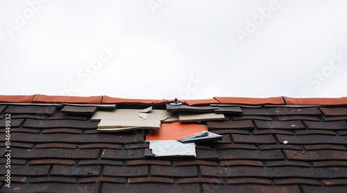 Damaged roof showing missing and broken dark brown tiles.  A section of orange and beige underlayment is exposed.  An orange ridge cap is visible. The sky is light gray and overcast. photo