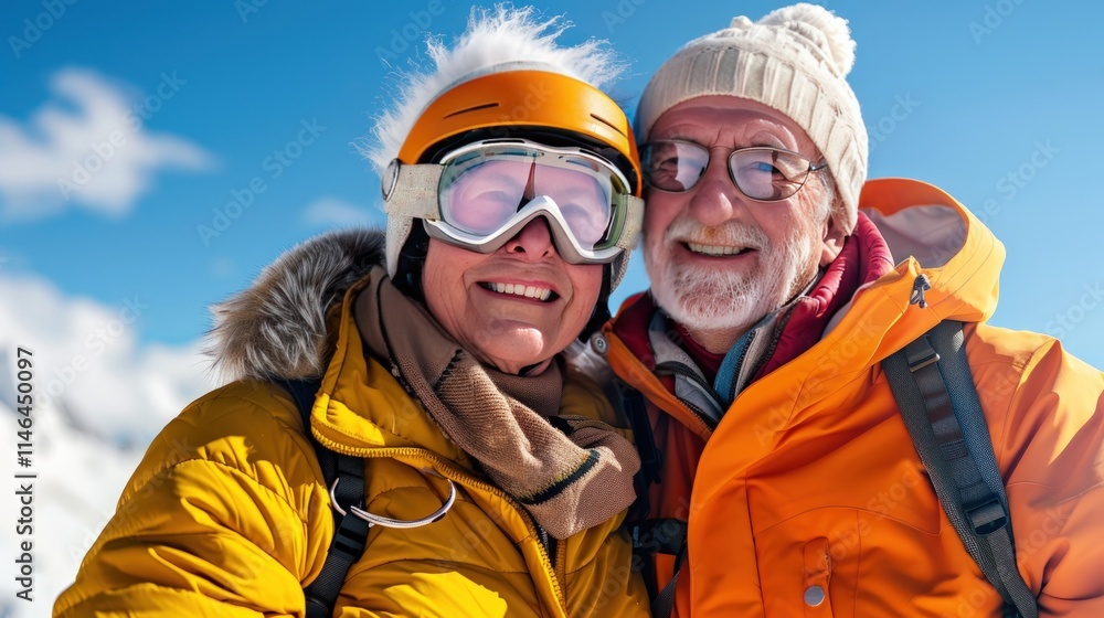 Happy senior couple smiling in winter, mountains background. Happy senior couple smiling in winter, mountains background.