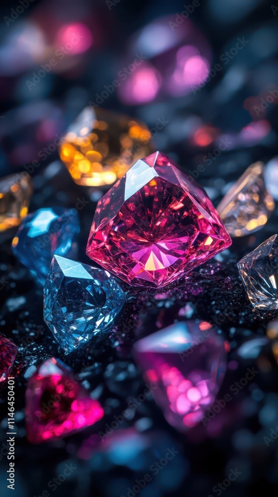 Various colored diamonds scattered on a dark surface creating a vibrant display Various colored diamonds scattered on a dark surface creating a vibrant display