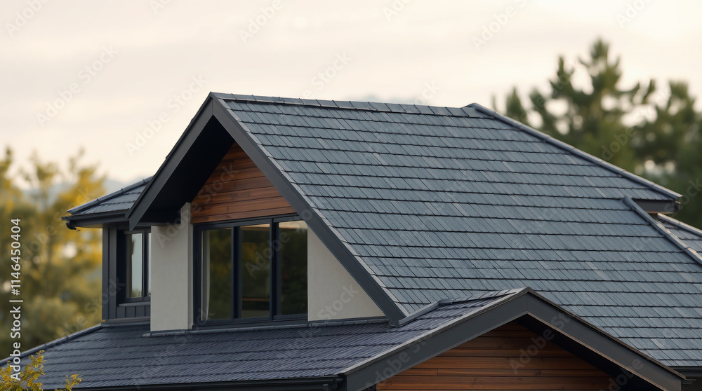 Modern House with Dark Gray Tiled Roof and Dormer Window Modern House with Dark Gray Tiled Roof and Dormer Window