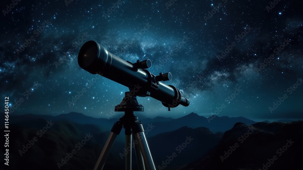 Stargazing with Telescope Under a Starry Sky Full of Stars and Cosmic Wonders in a Tranquil Setting Amidst Natural Beauty