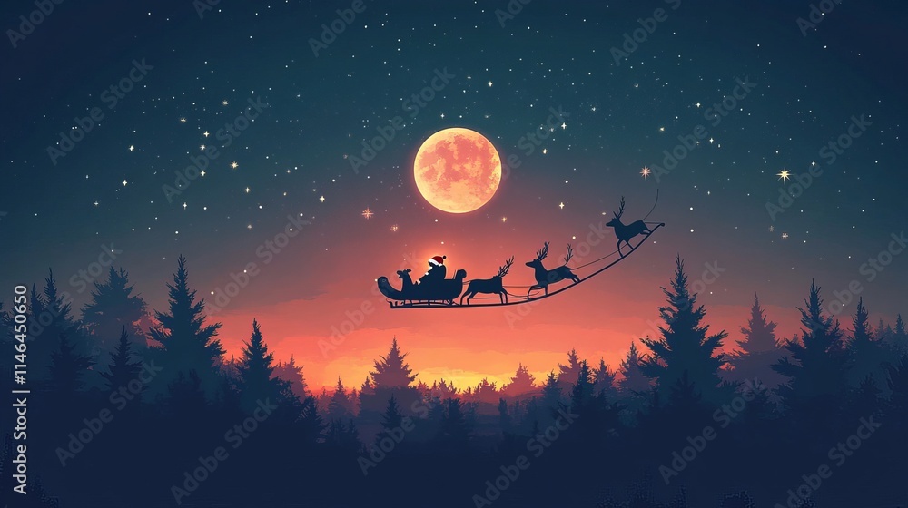 Naklejka premium Santa with reindeers flying