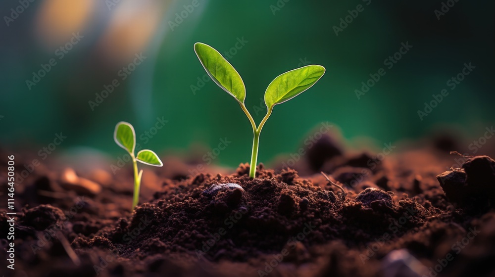 Young Green Sprouts Emerging from Dark Rich Soil in a Natural Environment, Signifying Growth and New Beginnings for Nature and Agriculture Young Green Sprouts Emerging from Dark Rich Soil in a Natural Environment, Signifying Growth and New Beginnings for Nature and Agriculture