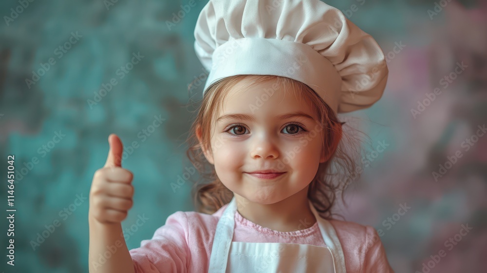 Little girl wearing a chef's hat gives a thumbs up while smiling joyfully Little girl wearing a chef's hat gives a thumbs up while smiling joyfully