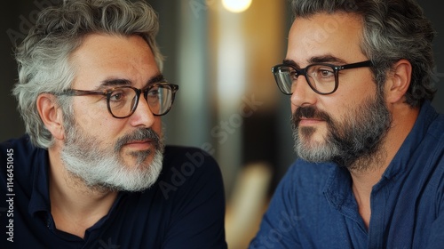 Thoughtful men with gray hair and beards engaging in deep conversation, showcasing emotions and expressions in modern indoor setting