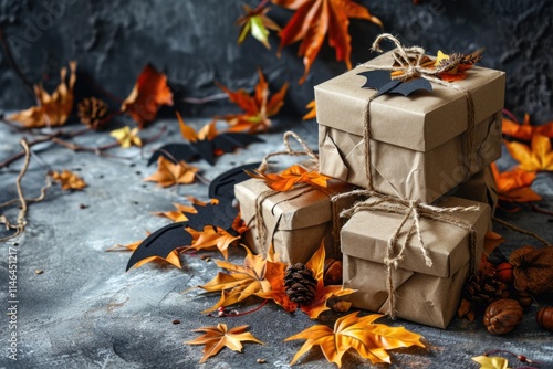 Halloween gift box composition on grey background with spooky decorations photo