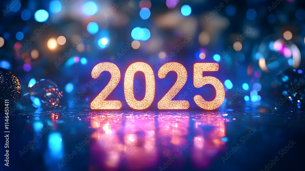 New year banner or greeting card with Luminous inscription Hello 2025 New year banner or greeting card with Luminous inscription Hello 2025