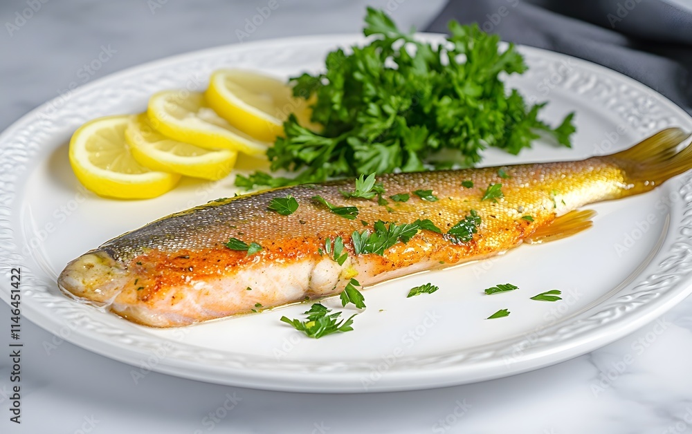 Baked fish garnished with lemon and parsley on a white plate. Baked fish garnished with lemon and parsley on a white plate.