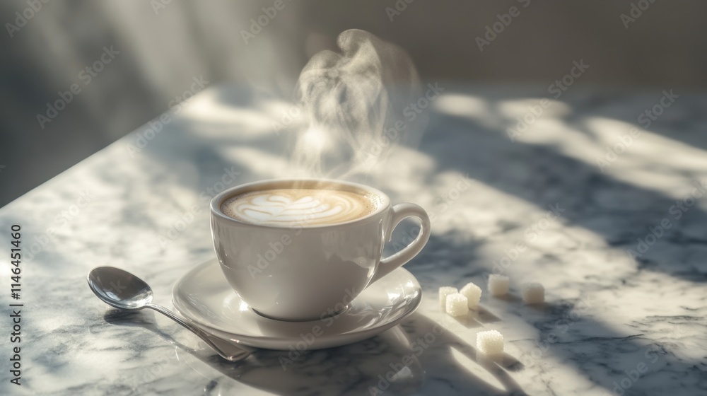 steaming cup of cappuccino on a marble countertop steaming cup of cappuccino on a marble countertop