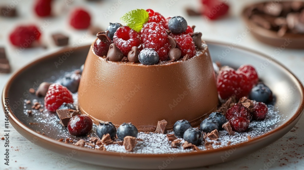 A decadent chocolate dessert topped with berries and mint, elegantly presented on a plate. A decadent chocolate dessert topped with berries and mint, elegantly presented on a plate.