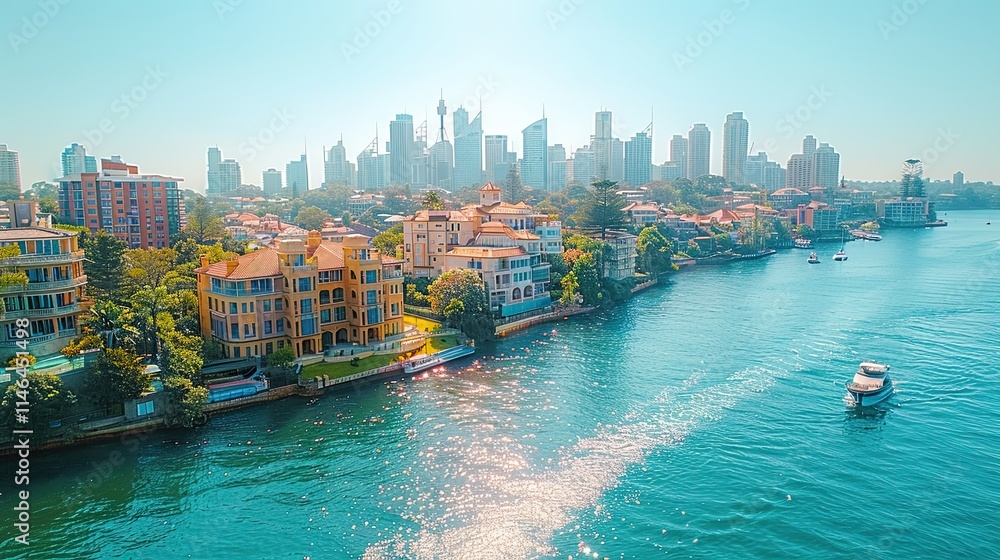 Obraz premium A vibrant cityscape with waterfront homes and a skyline in the background.