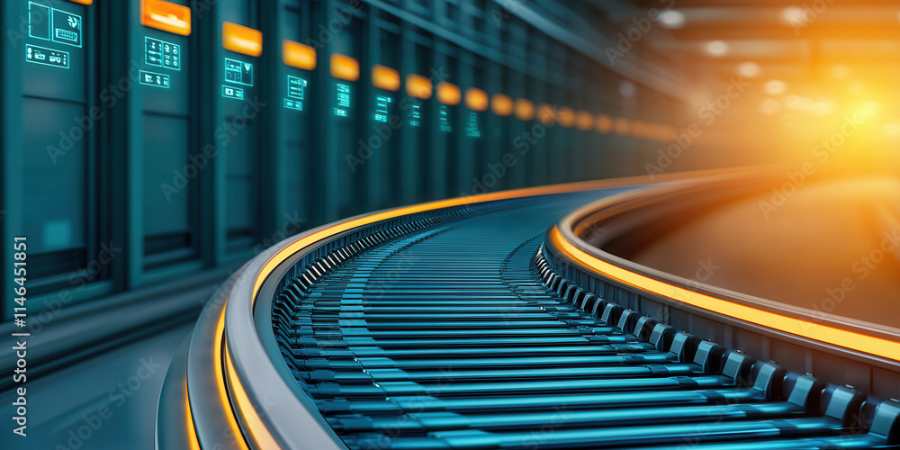 Fototapeta premium Conveyor belt airport automation system. A futuristic conveyor system illuminated by warm light, showcasing a sleek design and high-tech environment, hinting at advanced manufacturing or logistics.