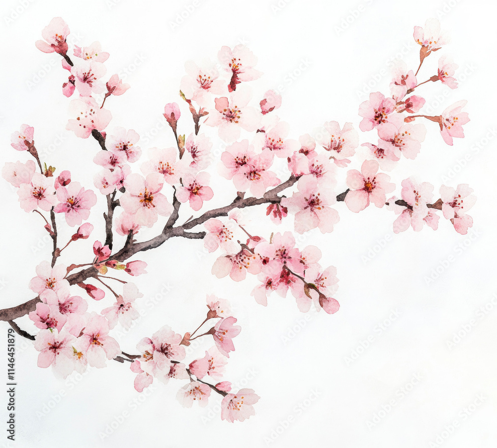 Fototapeta premium Soft pink branches of cherry blossoms on a white background.